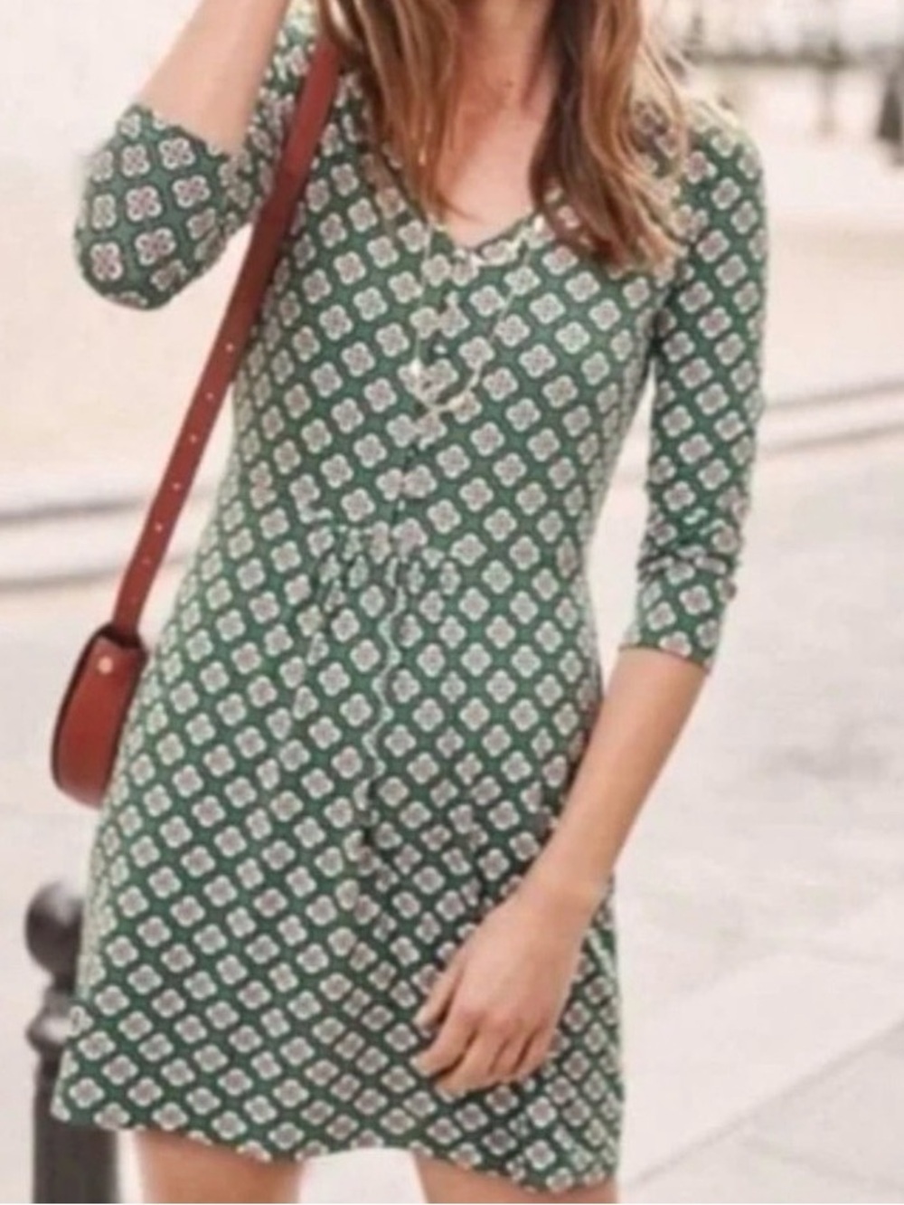 Boden Sabrina Jersey Tunic Dress Broad Bean Bud Tile 3/4 Sleeve V-Neck SZ 10
